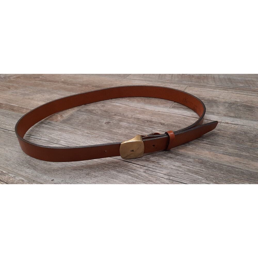 Vintage Calvin Klein Leather Belt Brown Brass Buckle Size 38 USA 90s Y2K Signed